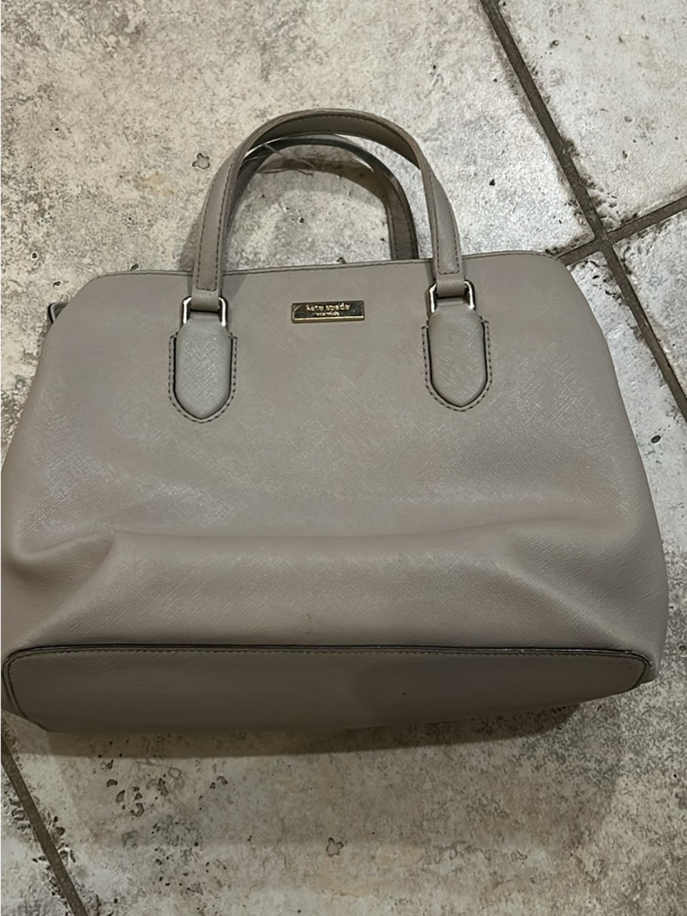kate spade taupe leather satchel with gold-tone logo